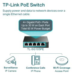 TP-Link Mobilt Bredbånd Og Rutere|Nettverkskabler|TL-SG105PE Administrerbar gigabitswitch 5 porter PoE+
