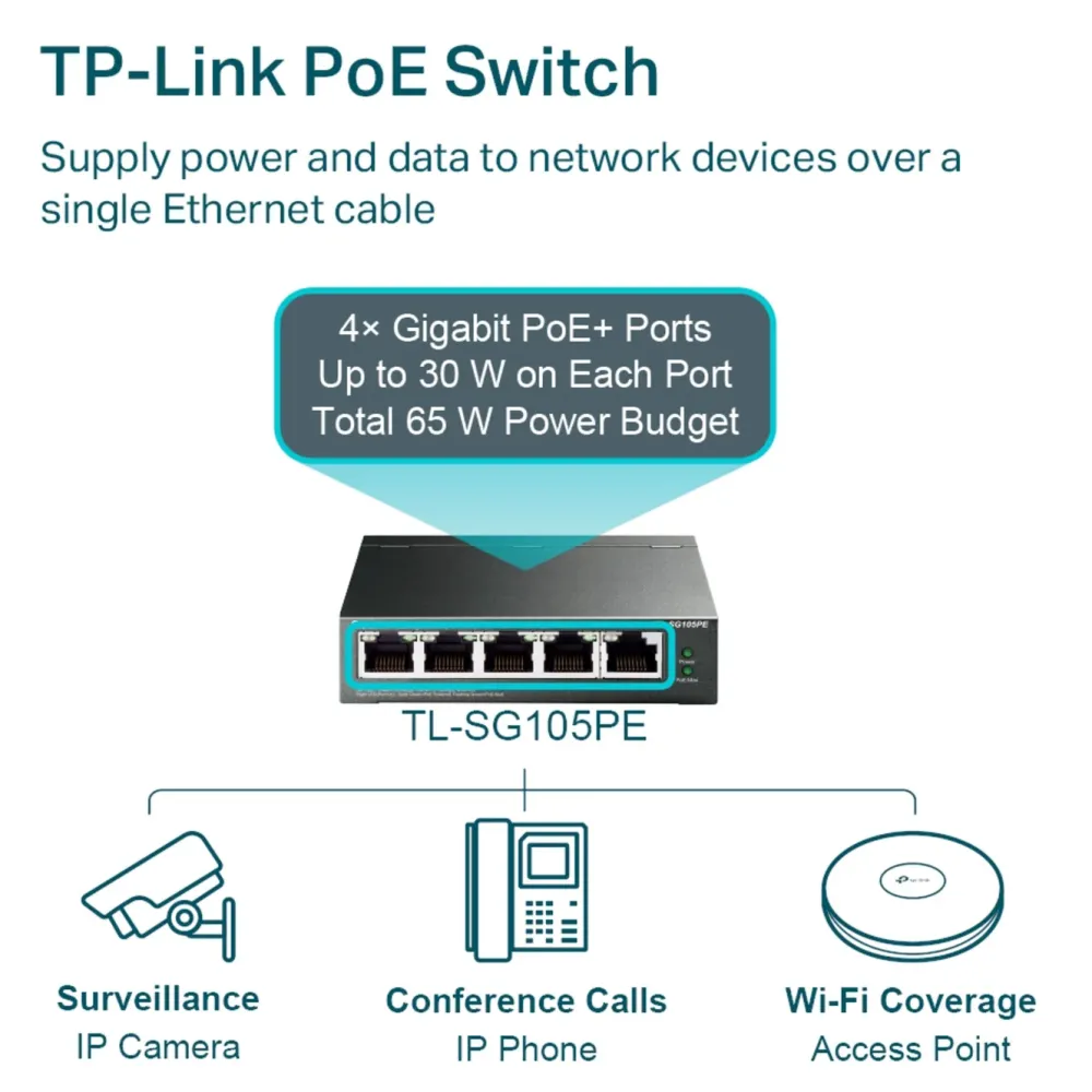 TP-Link Mobilt Bredbånd Og Rutere|Nettverkskabler|TL-SG105PE Administrerbar gigabitswitch 5 porter PoE+