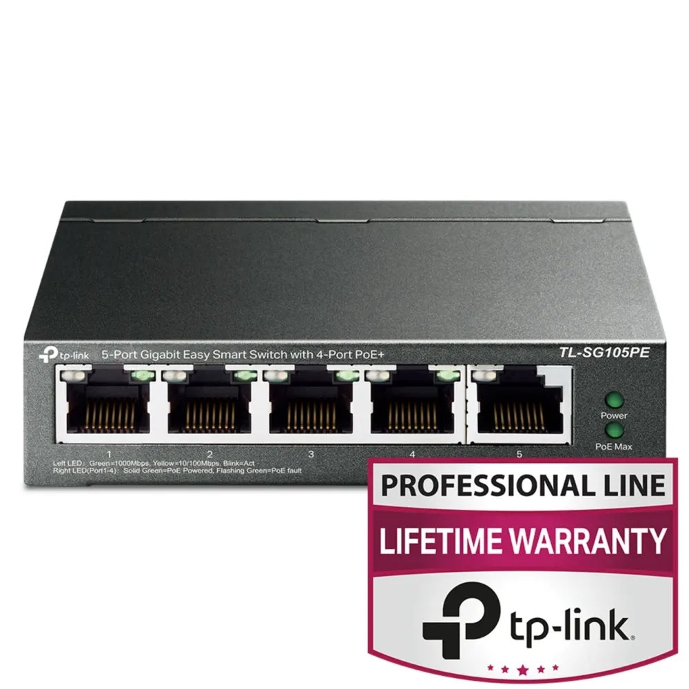 TP-Link Mobilt Bredbånd Og Rutere|Nettverkskabler|TL-SG105PE Administrerbar gigabitswitch 5 porter PoE+
