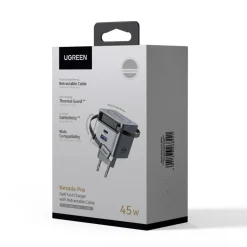 Ugreen Mobiltelefonladere|Nexode 45 W GaN-hurtiglader med uttrekkbar USB-C-kabel 45 W