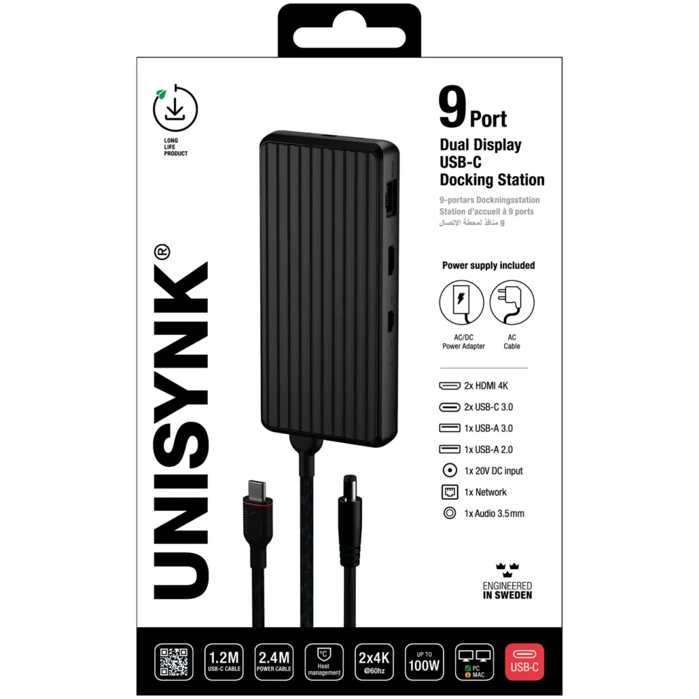 Unisynk Kabler Og Adaptere|Usb|USB-C-dokkingstasjon 9 porter 4K for to skjermer